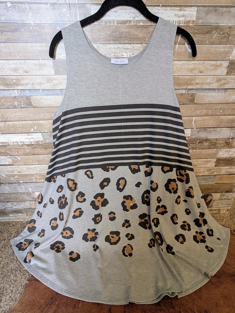 Phil Love Sleeveless Tunic Or Swing Dress Gray Stripes & Animal Print